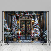 Lofaris Snowy Dark Navy Christmas Nutcracker Shop Backdrop